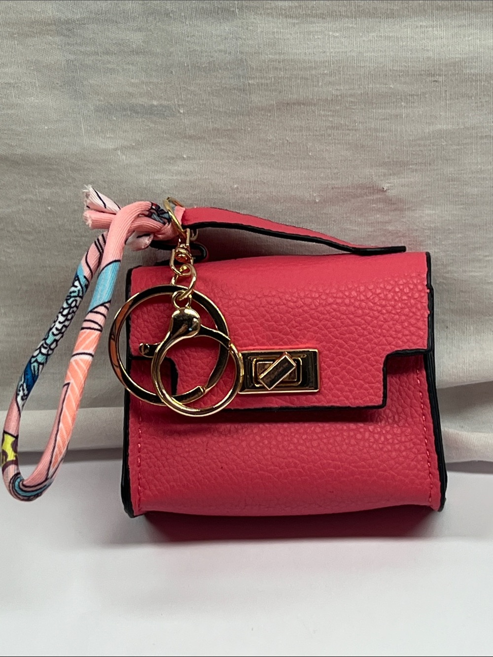 New Pink Mini Bag Charm/Ear Pod Holder with Key Chain Gold Hardware